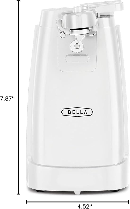 BELLA Electric Can Opener and Knife Sharpener, Multifunctional Jar and Bottle Opener with Removable Cutting Lever and Cord Storage, Stainless Steel Blade, White