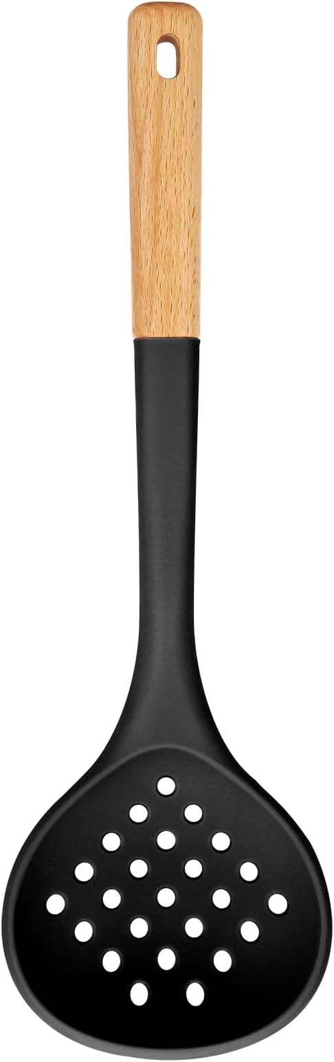 Kitchen Ladle Strainer, Large Slotted Spoon with High Heat Resistant BPA Free, Non Stick Cooking Skimmers For Draining & Frying, 13.2inch (Black)