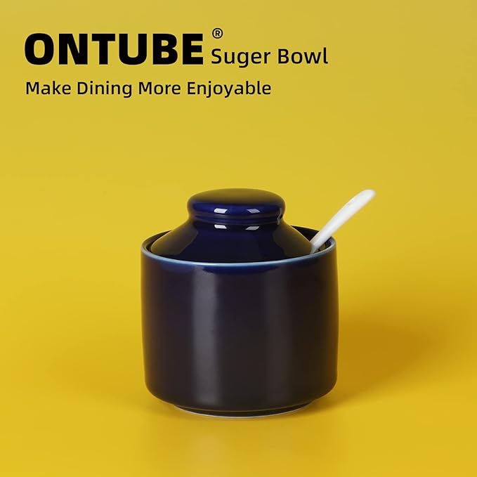 ONTUBE Ceramic Sugar Bowl with Lid and Spoon,Porcelain Seasoning Box Salt Bowl,8oz (Navy)