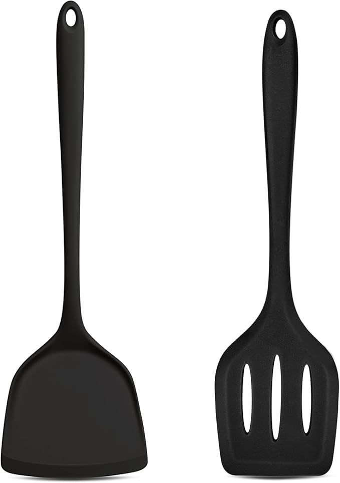 TeamFar Silicone Spatulas, 2pcs Solid & Slotted Cooking Turner for Non-stick Cookware, Kitchen Utensils for Flipping/Frying, Healthy & Seamless, Heat-Resistant & Non-Scratch, Dishwasher Safe, Black