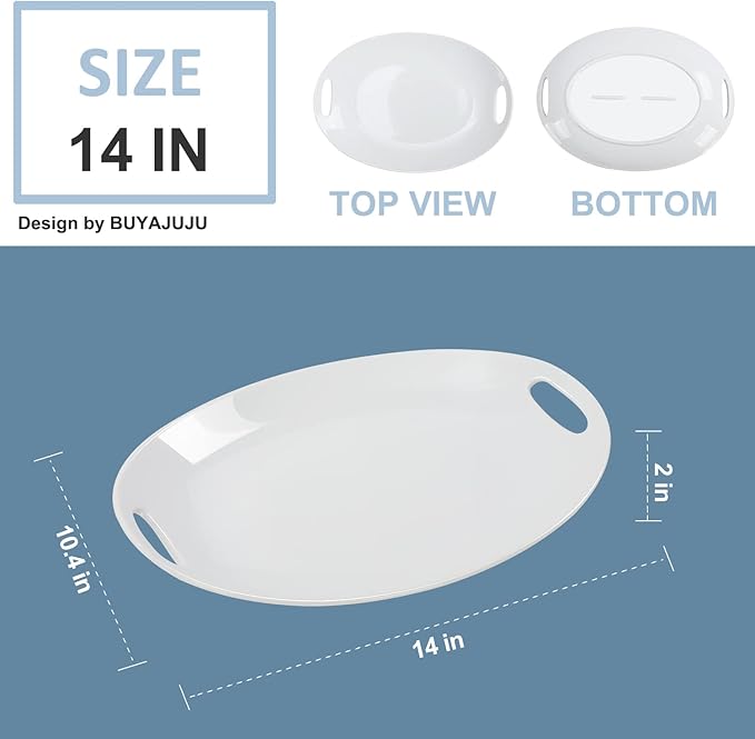 Porcelain Serving Platter with Handles, 14" serving dishes for entertaining, Oval Serving tray for Salad, Stew, Fruits and Pasta, Set of 2, White
