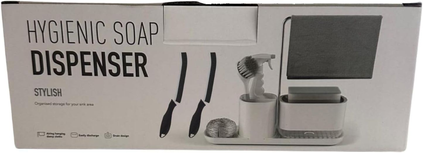 Kitchen Soap Dispenser Set with Sink Caddy-Hand and Dish Soap Dispenser with Sponge,Crevice Cleaning Brush,stailess Steel Scrubber, Sponge and discloth Holder 5-in-1 Organizer Set (White)