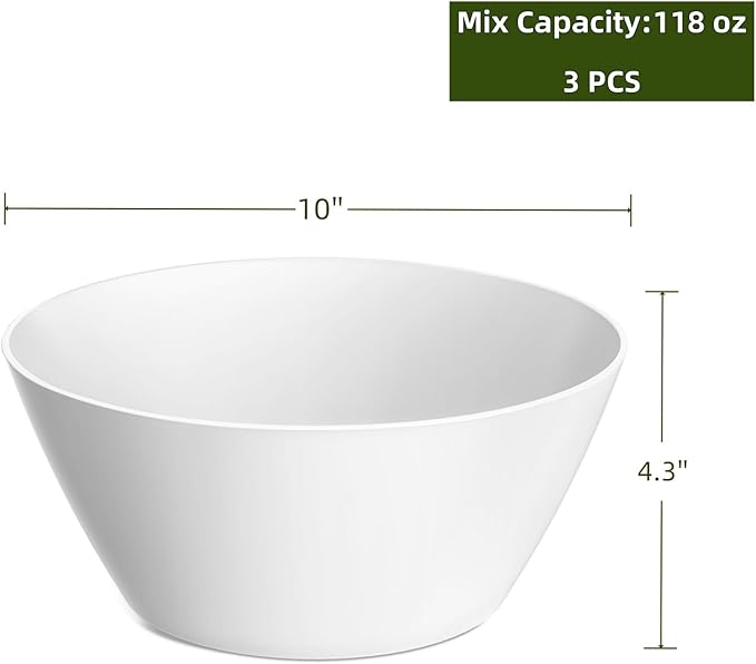 10 inch Large Salad Bowls, White Serving Bowls 118 oz, Bamboo Fiber Bowls Set of 3, Microwave and Dishwasher Safe, Great for Salad, Fruits, Vegetables and Party
