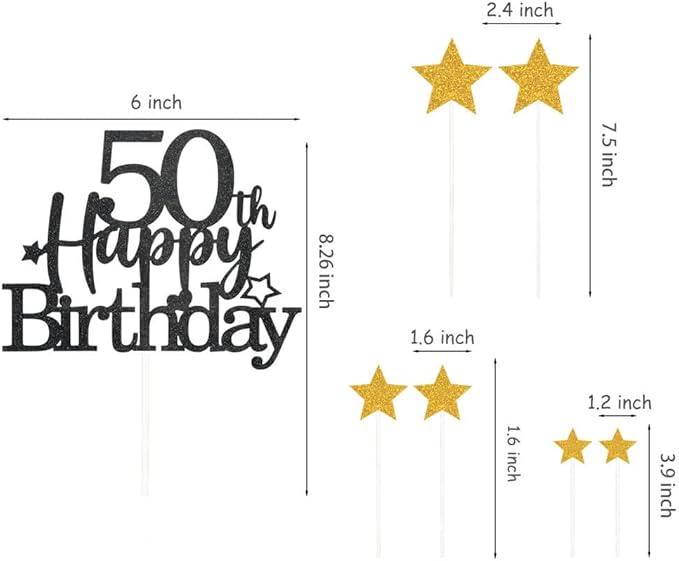 Glittery 50th Happy Birthday Cake Topper with Star,Personalised 50 Birthday Cake Toppers Party Decorations Party Supplies for Men Women Black Gold