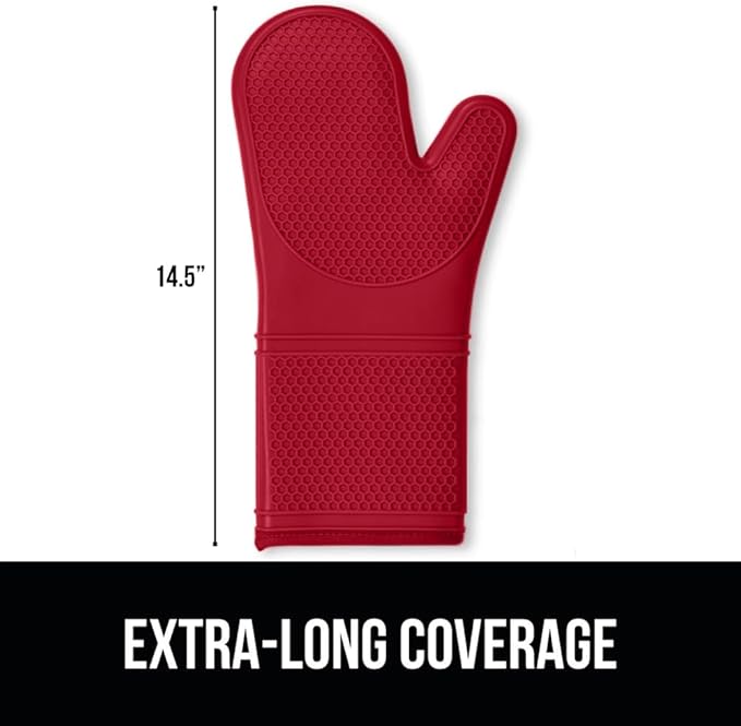 GORILLA GRIP BPA-Free Soft Silicone Oven Mitts, 14.5x8.3, Heat Resistant and Waterproof Cooking Gloves, Thick Cotton Lining, Flexible Gripping for Baking Grilling, Kitchen Potholders Set of 2, Red