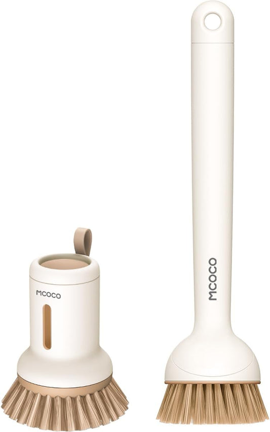 Dish Brush Set with Soap Dispensing Palm Brush Dish Scrub Brush with Soap Dispenser Palm Dish Brush Kitchen Cleaning Brush with Ergonomic Long Handle for Cleaning Sink, Pot, Pan, Stove, Yellow