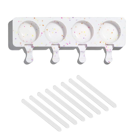 Fancy Sprinkles Halle Round Cakesicle Mold, 4 Cavities Reusable Silicone, Includes 8 Clear Acrylic Sticks,Baking & Dessert Decorating, Oven Safe (10 ¼” W x ⅞” H x 6 ⅜”)