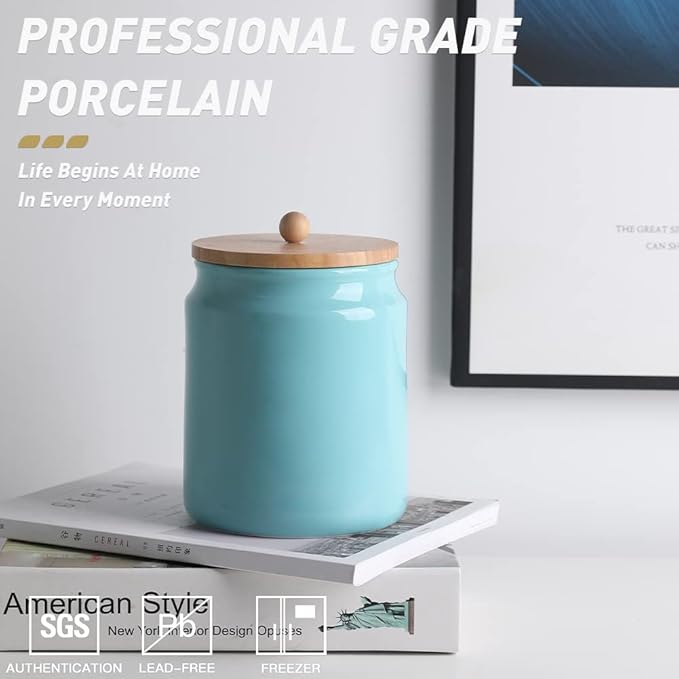 Sweejar Ceramic Kitchen Canisters, 58 FLOZ Porcelain Food Storage Jar with Airtight Seal Wooden Lid, Home Container Serving for Coffee Beans, Tea-leave, Sugar, Salt, Tool Bucket (Turquoise)