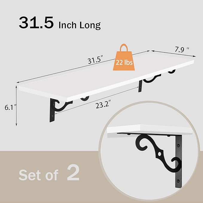 DINZI LVJ Long Wall Shelves, 31.5 Inch Large Floating Shelves Set of 2, Wide Display Shelf Wall Mounted with Brackets, Easy Hanging for Living Room, Toilet, Office, Bedroom, White