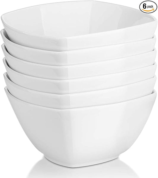 DOWAN Porcelain Soup Bowls Set of 6, 27 OZ Ceramic Square Cereal Bowls, White Bowl, for Ice Cream and Dessert Snack, Wedding Party Gift, Microwave Safe Bowl