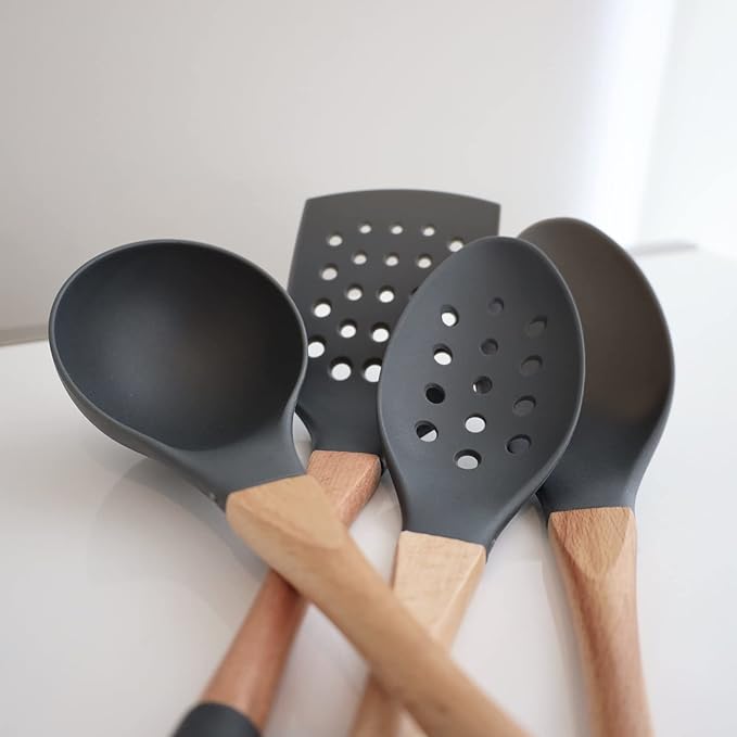 Beille Grey Nylon Spatula with Wooden Handle Kitchen Utensils High Heat Resistance, 13 Inch