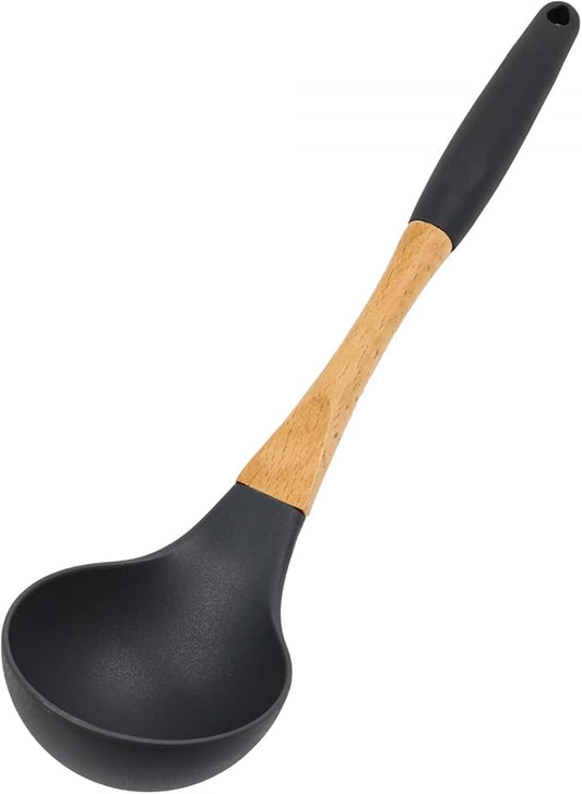 Beille Grey Nylon Ladle with Soft Grip Ergonomic Wooden Handle Kitchen Utensils, 13 Inch