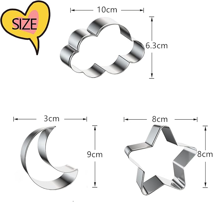 3 Pieces Star, Moon and Cloud Cookie Cutters Stainless Steel Biscuit Cutters Molds Shapes for Baby Shower or Gender Reveal Party
