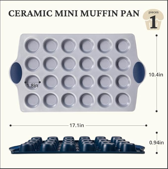 BRONYPRO Ceramic Mini Muffin Pan, 24-Cup Nonstick Aluminized Steel Cupcake Pans, Healthy Non-Toxic Ceramic Coating Mini Muffin Tin, 1Pack Cup Cake Pans for Baking Blue