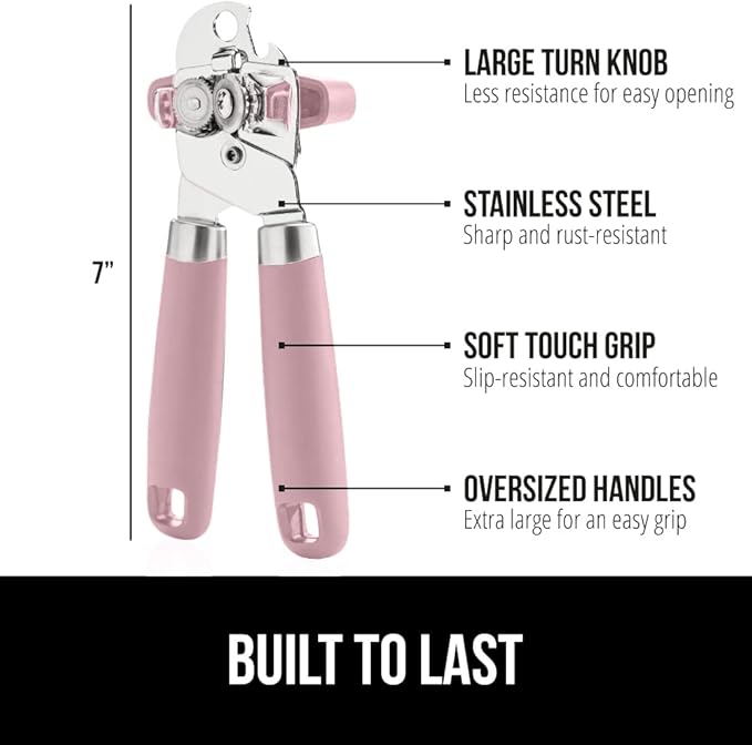 GORILLA GRIP Heavy Duty Stainless Steel Smooth Edge Manual Can Opener and Bottle Openers, Soft Comfortable Handle, Oversized Handheld Turn Knob, US Designed Multifunctional Kitchen Tool, Pink