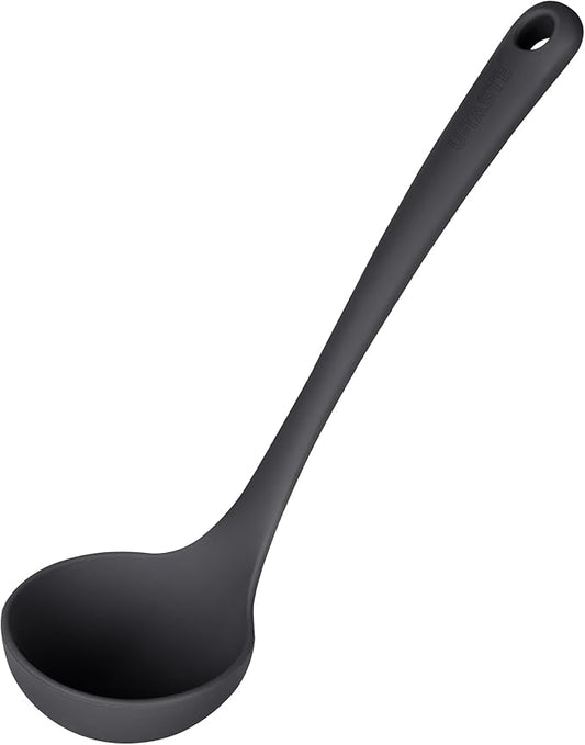 2.6oz Small Silicone Soup Ladle: U-Taste 600ºF Heat Resistant Non-Stick Kitchen Deep Serving Spoon, Soft Cooking Utensil with Non-Slip Solid Handle for Mixing Sauce Stew Gravy (11in, Black)