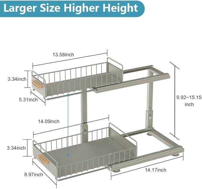Under Sink Organizer, Pull Out Kitchen Cabinet Organizer 2 Tier Slide Out Under Sink Organizers and Storage, Sink Shelf Cabinet Storage Shelves for Kitchen Bathroom Pantry, Grey