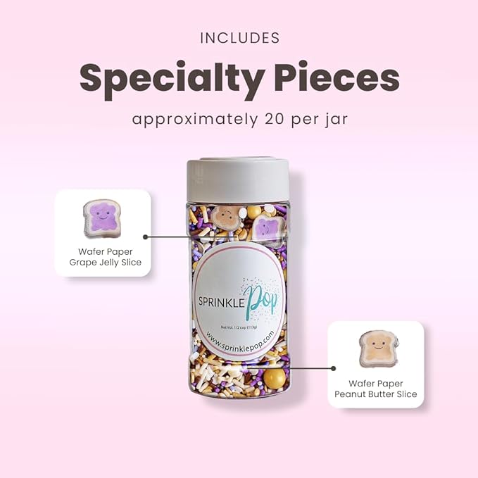 Sprinkle Pop PB&J Sprinkle Mix| lavender Purple Gold Cream Chocolate Sprinkles with ~20 Peanut Butter & Grape Jelly Slice Wafer Papers| Sprinkles Made in USA for Decorating Cake Cupcakes Cookies, 4oz