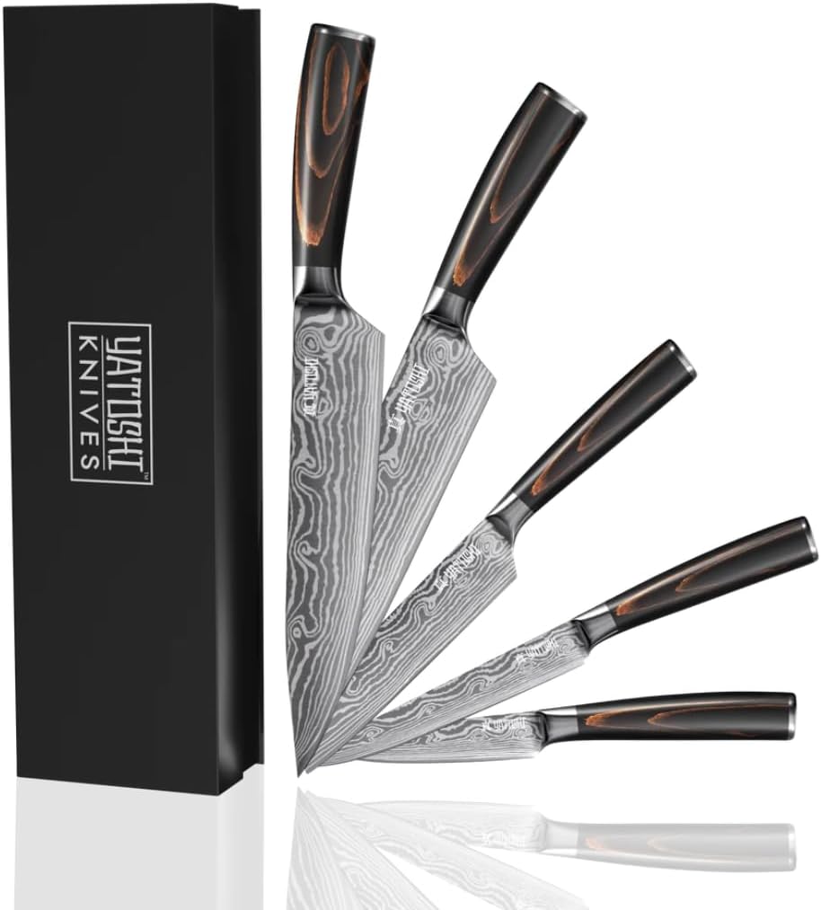Yatoshi 5 Piece Knife Set - Pro Kitchen Knife Set Ultra Sharp High Carbon Stainless Steel with Ergonomic Handle