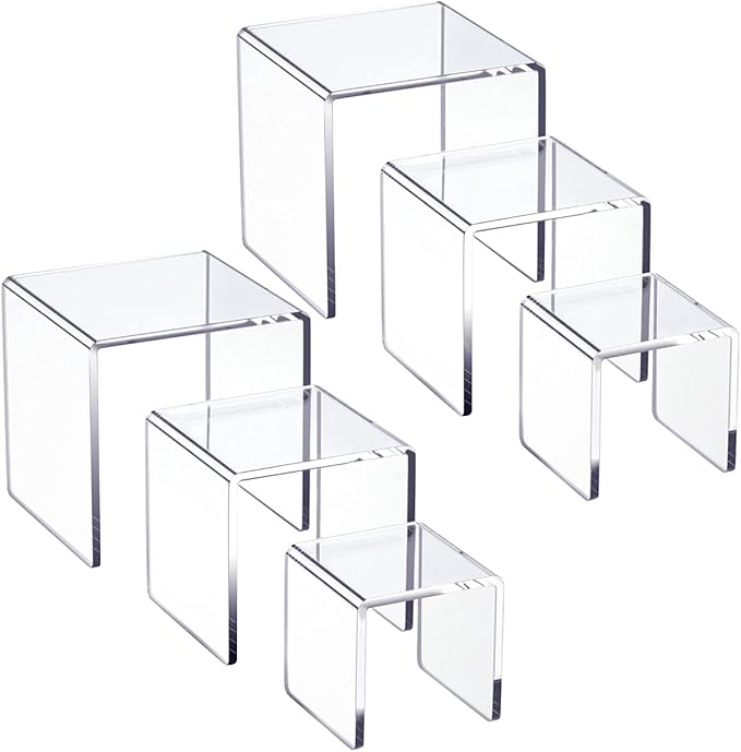 HIIMIEI Clear Acrylic Display Risers 2 Sets, 3-Tier Risers Stands Showcase for Amiibo Funko Pop Figures, Dessert, Jewelry-3"x4"x5"