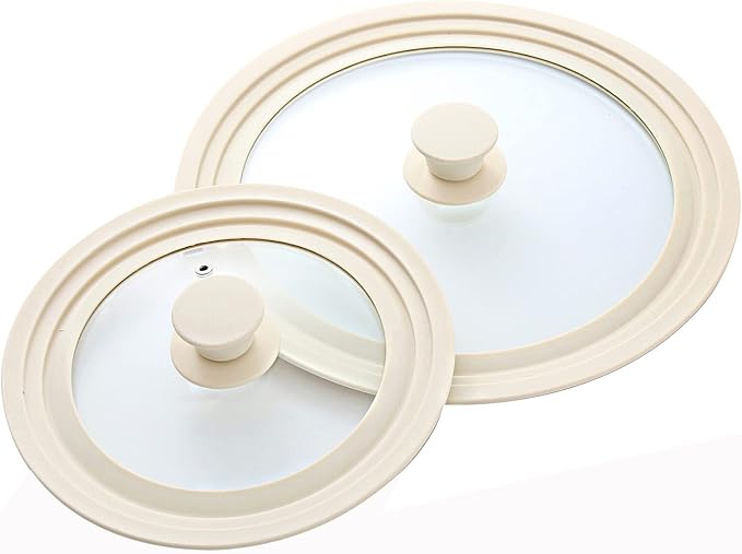 J&C LIFE Universal Lids for Pots, Pans & Skillets (Set of 2) – Fits 7, 8, 9, 10, 11, 12 Inch Pots and Pans, Tempered Glass Silicone Frying Pan Lid, Dishwasher Safe, White Replacement Lid