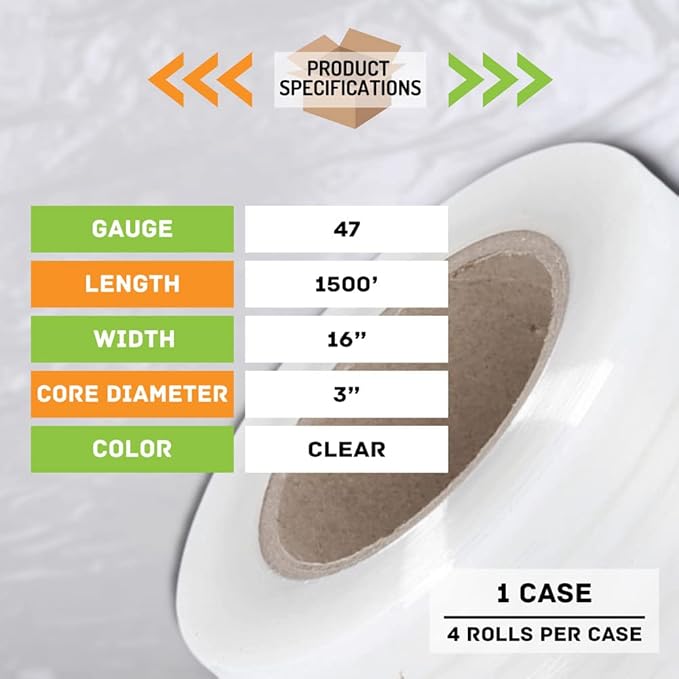 PSBM Stretch Wrap, 4 Pack, 16 Inch x 1500 Feet, 47 Gauge, Clear Plastic Cling, Cast Hand Stretch Film Rolls for Packaging Moving Packing Pallets