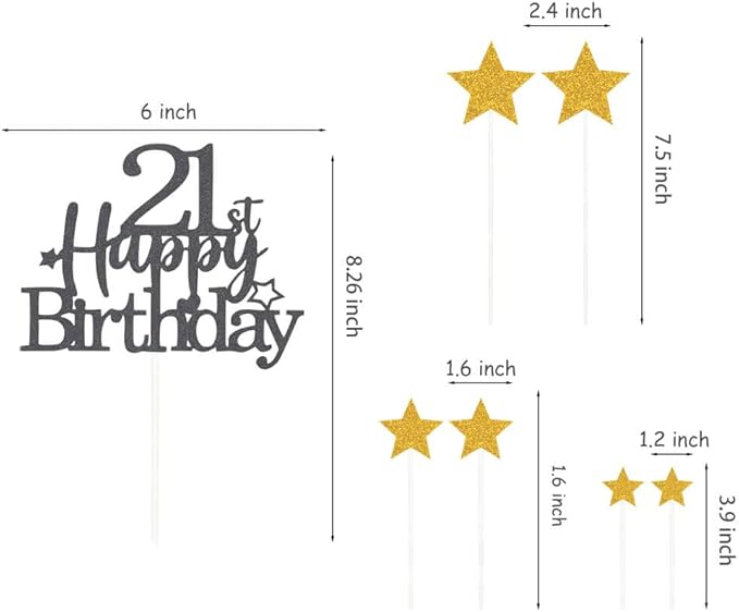 Glittery 21st Happy Birthday Cake Topper with Star,Personalised 21 Birthday Cake Toppers Party Decorations Party Supplies for Boys Girls Black Gold