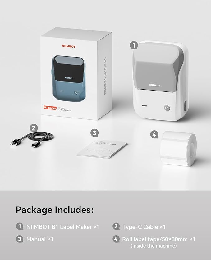 NIIMBOT B1 Bluetooth Label Maker Machine with Tape, Easy to Use, Large Waterproof Label, 2 Inch Portable Thermal Label Printer with Multiple Templates for Kitchen,Home, School, Small Business,Grey