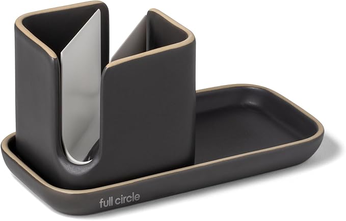 Full Circle Stash, Ceramic Kitchen Sink Caddy, Stylish Modular Sponge Holder & Dish Brush Organizer, Gray and White, 11"