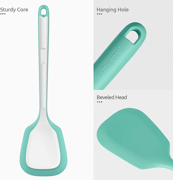 U-Taste 600ºF Heat Resistant Silicone Turners: 13.6in Long Solid & Slotted Kitchen Spatula Flipper, Wide and Large Flexible Cooking Utensil for Flipping Egg, Pancake, Cookie (Aqua Sky, 2PCS)