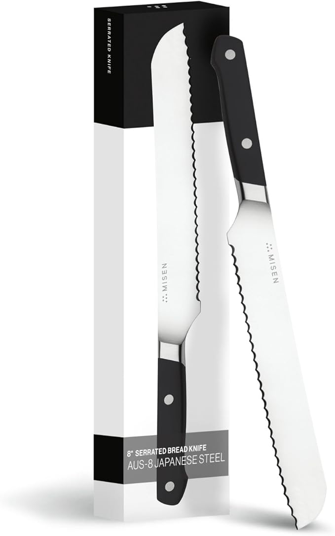 Misen Serrated Bread Knife – High-Carbon Japanese AUS8 Steel – Effortless Slicing of Bread, Pastries, and Fruits – Razor-Sharp Edge and Durable Blade with Ergonomic Handle - 8", Black