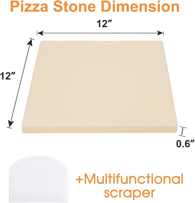 12x12 inch Pizza Stone,for RV Oven and Grill,square baking stone, cordierite pizza stone,for Pizza,Bread, Pie, BBQ, Durable and Safe, Give away Plastic Scraper