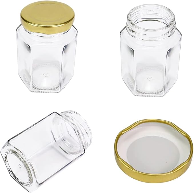 24 Pack 4oz Glass Hexagon Honey Jars Golden Lids -Wooden Honey Dipper, Bee Charms, Tag String, Gold Gift Bags, Thank You Gift Tags, Wedding Favors Baby Shower Party (Gold 24 bags)