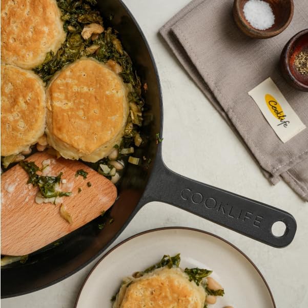 COOKLIFE 12 Inch Lightweight Pre-Seasoned Cast Iron Skillets - Smooth Polished Surface, Easy to Clean Cast Iron Pan Use in the Oven, on the Stove or Grill, Over a Campfire