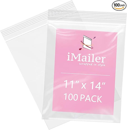 iMailer - 100 Pcs- 11" x 14" Reclosable Plastic Zip Poly Bags- Clear Zip Bag for Prints, Photos, Documents, Clothing, T-Shirt