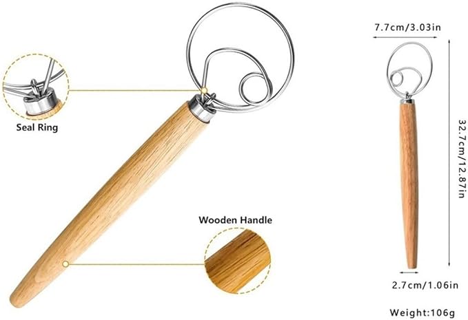 Danish Dough Whisk 13" Stainless Steel Bread Whisk Bread Making Tools Danish Dough Hook Bread Dough Mixer Hand Bread Dough Whisk for Pastry, Baking Cake, Dessert, Sourdough, Pizza, with Wooden Handle