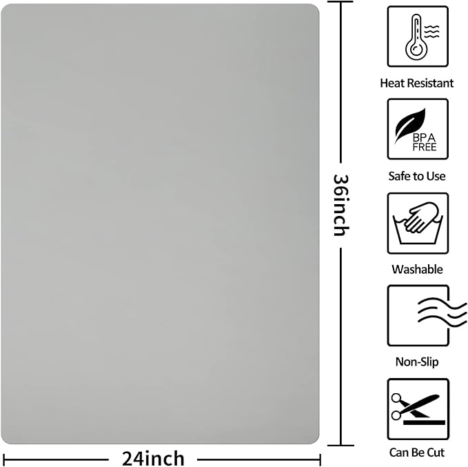 Silicone Mat Heat Resistant Mats for Countertop, Multipurpose Large Silicone Mats for Crafts Kitchen Workbench Size 36x24 inches Thick 2mm,Rolled Package,Grey