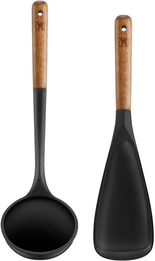 Set of 2pc Silicone Cooking Utensils: Wooden Handle Ladle + Long Head Serving & Cooking Spoon, Heat Resistant, BPA Free, Scratch-Resistant Surface Design