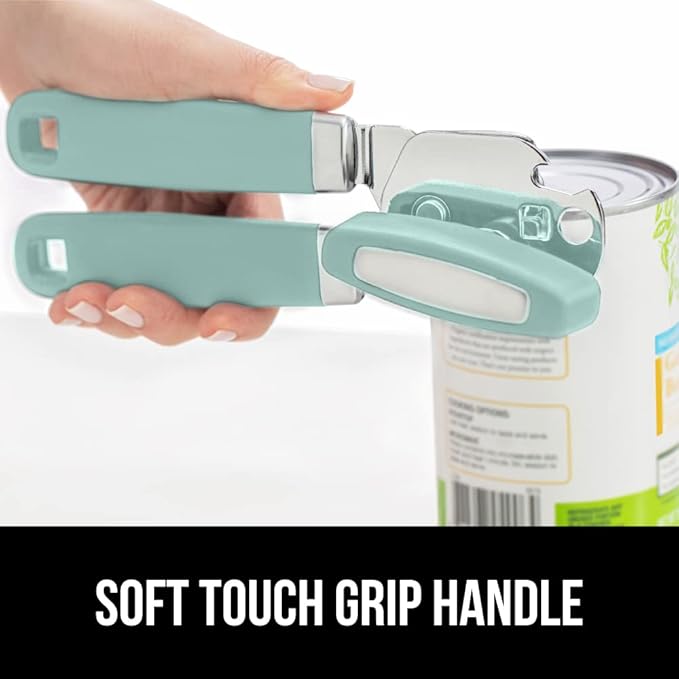 GORILLA GRIP Heavy Duty Stainless Steel Smooth Edge Manual Can Opener and Bottle Openers, Soft Comfortable Handle, Oversized Handheld Turn Knob, US Designed Multifunctional Kitchen Tool, Mint
