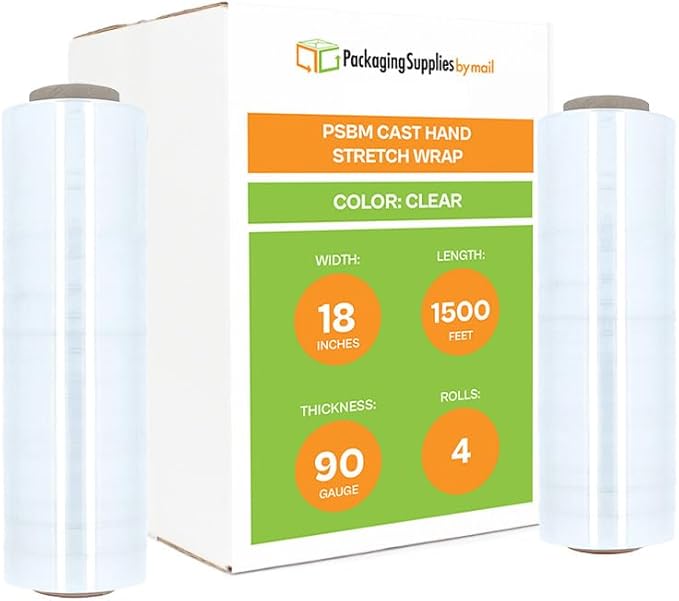 PSBM Stretch Wrap, 4 Pack, 18 Inch x 1000 Feet, 120 Gauge, Clear Plastic Cling, Cast Hand Stretch Film Rolls for Packaging Moving Packing Pallets