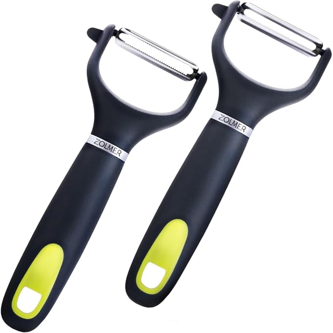 ZOLMER® Premium Y Peelers for kitchen with Smooth and Serrated Blades 2 Set - Extra Sharp Vegetable Peelers with Ergonomic Handle - Dishwasher Safe - Potato peelers, Fruit peeler and more