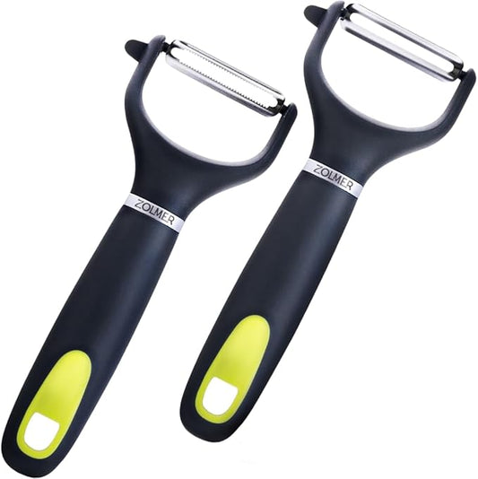 ZOLMER® Premium Y Peelers for kitchen with Smooth and Serrated Blades 2 Set - Extra Sharp Vegetable Peelers with Ergonomic Handle - Dishwasher Safe - Potato peelers, Fruit peeler and more