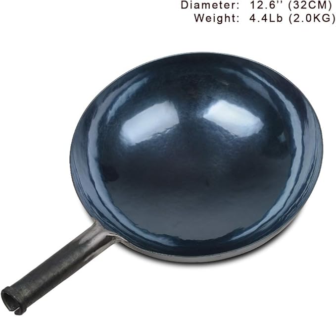 臻三环 ZhenSanHuan Chinese Hand Hammered Iron Woks and Stir Fry Pans, Non-stick, No Coating, Carbon Steel Pow (32CM, Blue Black - Seasoned)
