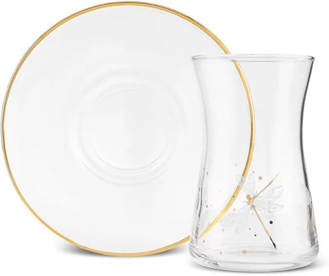 KARACA Yusufcuk Glass Elegant Tea Glass Set of 6 - (12 Piece) Clear Turkish Tea Cup Glasses and Saucers, 5.74 oz Curved Design Drinkware Cups