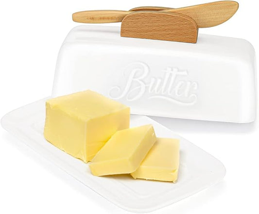 Butter Dish with Lid and Knife Ceramic Butter Holder for Counter Humanized Clamp-able Knife Handle Design, Perfect for East West Coast Butter, White