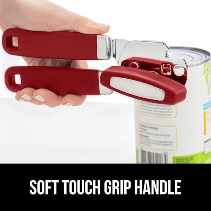 GORILLA GRIP Heavy Duty Stainless Steel Smooth Edge Manual Can Opener and Bottle Openers, Soft Comfortable Handle, Oversized Handheld Turn Knob, US Designed Multifunctional Kitchen Tool, Red