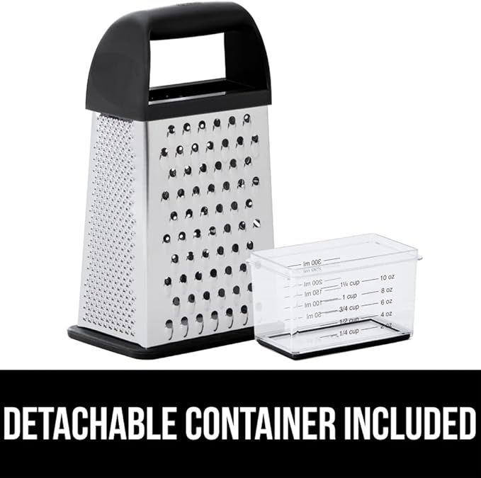 GORILLA GRIP XL 4-Sided Cheese Grater With Container, 100% BPA-Free Stainless Steel Box Graters, Parmesan Shredder, Grate Cheeses, Shred Veggies, Slip Resistant Handle, Dishwasher Safe Zester, Black