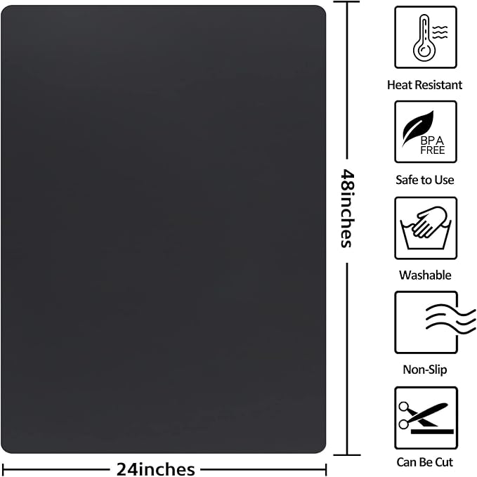 Silicone Mat Heat Resistant Mats for Countertop, Multipurpose Large Silicone Mats for Crafts Kitchen Workbench Size 48x24 inches Thick 2mm,Rolled Package,Black