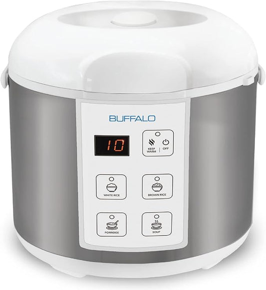 Buffalo Classic Rice Cooker with Clad Stainless Steel Inner Pot - Electric Rice Cooker for White/Brown Rice, Grain - Easy-to-clean, Non-Toxic & Non-Stick, Auto Warmer (10 Cup)