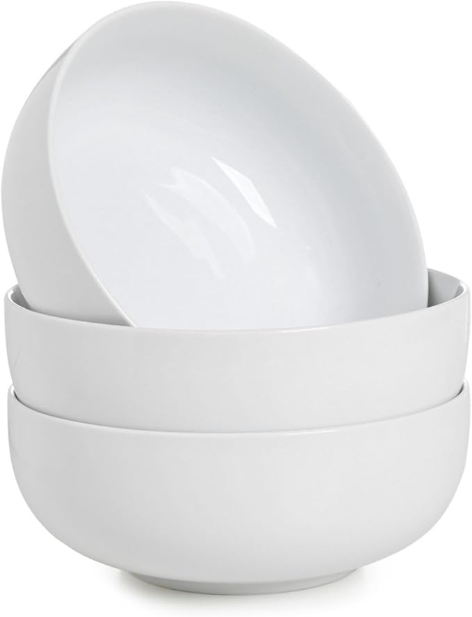 Large Soup Bowls Set of 3, Ceramic Salad Bowls 37 oz, White Pasta Bowls 7 inch, Serving Bowl for Cereal, Noodle Ramen, Pho, Fruit